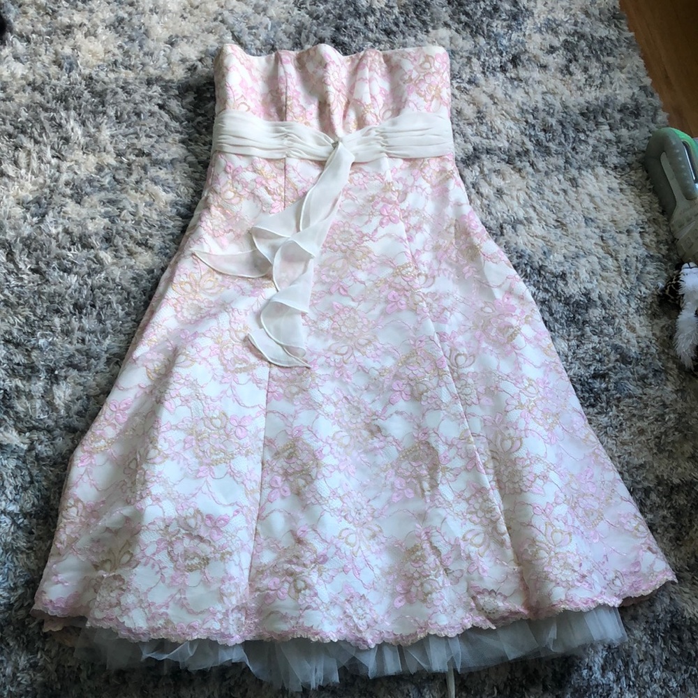 Raylia Designs Strapless Pink and Gold Lace Prom Dress